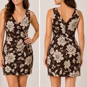 Donna Ricco Size 12 Brown Beige Floral Sheath Dress Ruched V-Neck Sleeveless